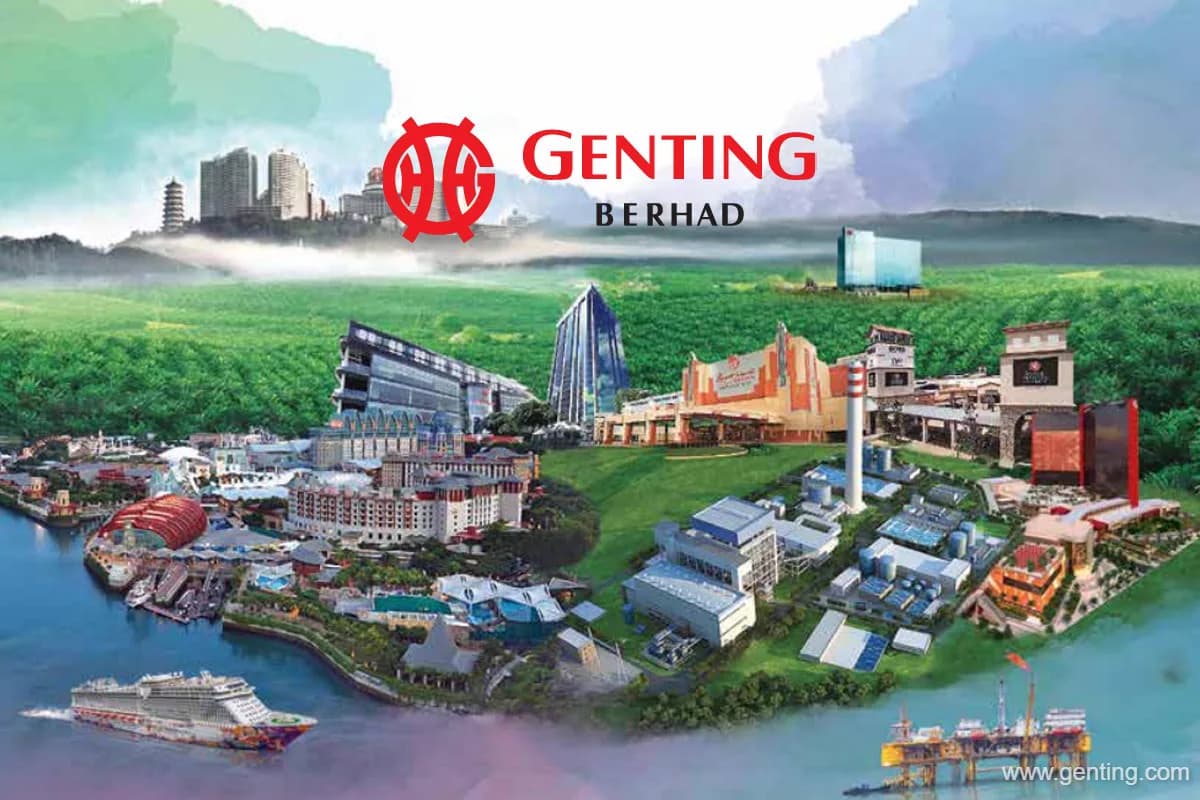 Genting Berhad corporate graphic, the company logo above a collage of group assets including resorts, a cruise ship, a power plant and an oil rig