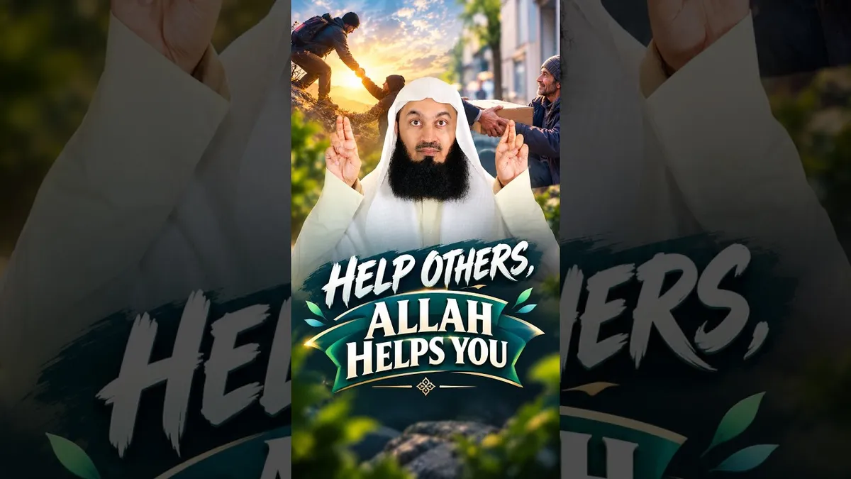 Thumbnail for the Mufti Menk short Help Others, Allah Helps You, showing him in a white robe and white head cloth with both hands raised, against images of one hiker pulling another up a hill at sunset and a man handing a box to an older man