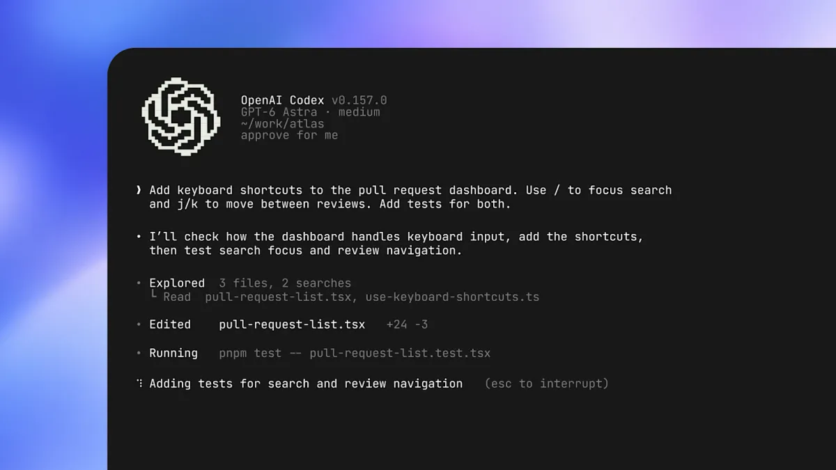 The refreshed Codex CLI in a terminal, running OpenAI Codex v0.157.0 on GPT-6 Astra as it works through a request to add keyboard shortcuts and tests