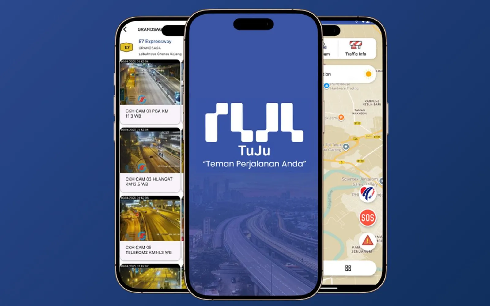 Tiga skrin telefon pintar menunjukkan aplikasi TuJu: kamera trafik lebuh raya, logo TuJu dan peta dengan butang SOS