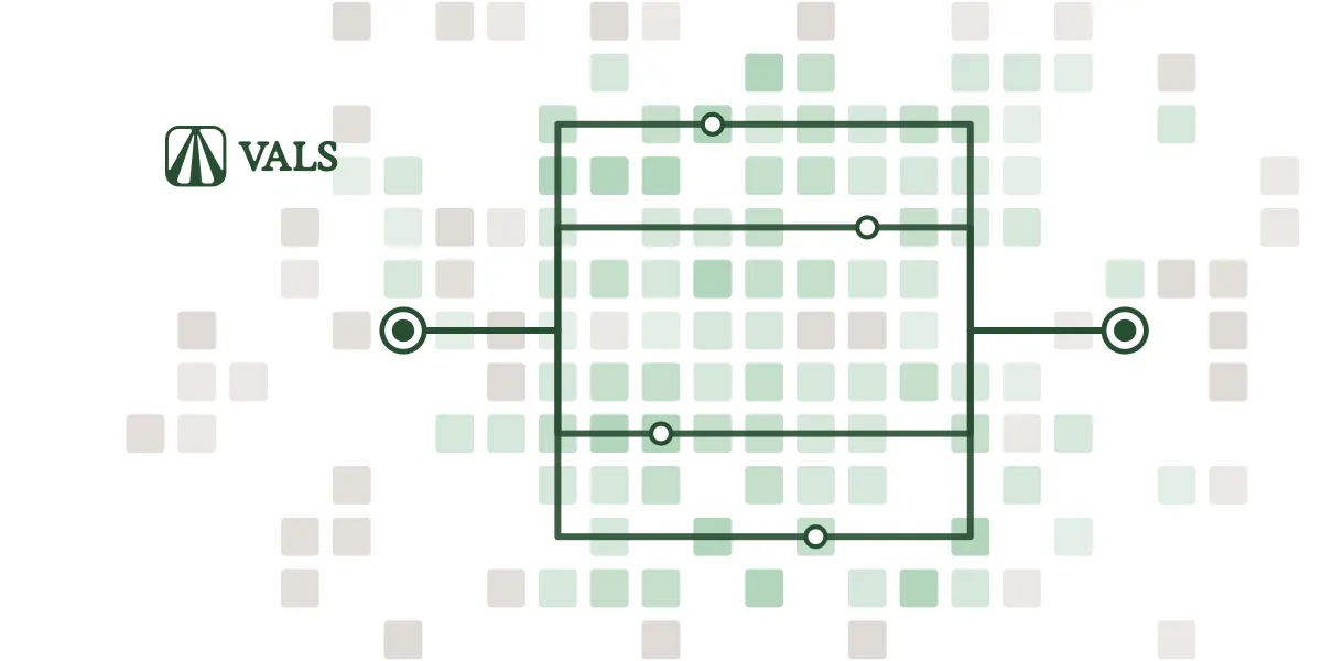 Vals AI illustration of a lead node that branches into four parallel paths across a field of green and grey tiles, which rejoin at a second node