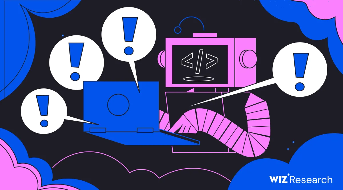Wiz Research illustration of a pink robot with a code symbol on its screen typing on a blue laptop, surrounded by speech bubbles with exclamation marks