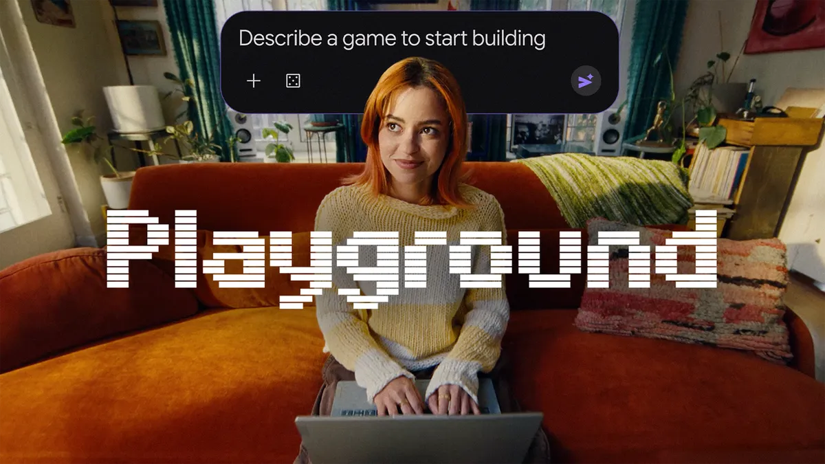 Seorang wanita di atas sofa oren sedang menaip pada komputer riba, di bawah kotak prompt bertulis Describe a game to start building dan perkataan Playground dalam huruf piksel yang besar